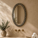 Discover our handcrafted Moroccan oval mirror featuring a solid brass frame with black and white resin inlay. A timeless luxury wall mirror for bathrooms, bedrooms, entryways, and living spaces.