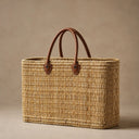 Handwoven Straw Market Basket with Leather Handles | Moroccan Palm Tote