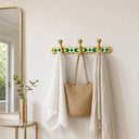 Moroccan brass coat rack with emerald-green resin inlay and 3 hooks. Handmade wall-mounted hooks for entryway, bath, or bedroom.