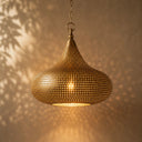 Elegant Moroccan lantern pendant lamp with perforated brass design and warm golden lighting.