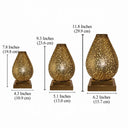 Set of three decorative lamps with measurements on a white background
