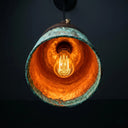 Hand-hammered copper hanging lamp with authentic verdigris patina and cylindrical shade design.