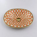 handcrafted sink, brass sink, orange resin sink, artisan home decor, unique bathroom sink, orange bathroom sink, vintage style sink, resin sink, drop-in sink, brass wall faucet, brass faucet, moroccan decor, resin sink faucet