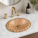 handcrafted sink, brass sink, orange resin sink, artisan home decor, unique bathroom sink, orange bathroom sink, vintage style sink, resin sink, drop-in sink, brass wall faucet, brass faucet, moroccan decor, resin sink faucet
